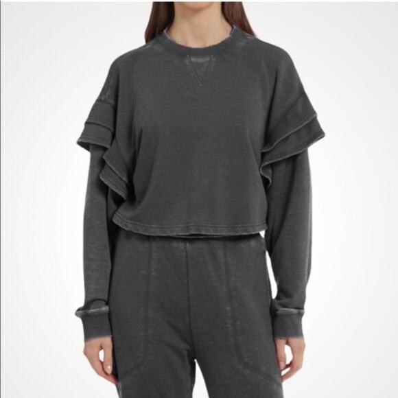 7 For All Mankind Oversized Cropped Sweatshirt Sweater Ruffled Charcoal Grey S - Picture 1 of 11